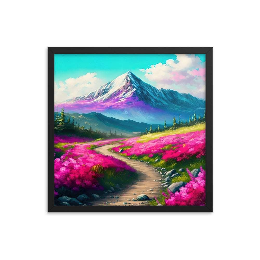 Berg, pinke Blumen und Wanderweg - Landschaftsmalerei - Premium Poster mit Rahmen berge xxx Black 45.7 x 45.7 cm