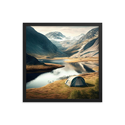 Zelt, Berge und Bergsee - Premium Poster mit Rahmen camping xxx Black 45.7 x 45.7 cm