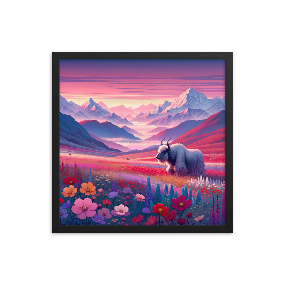 Verträumte Berg-Abenddämmerung mit Hochlandrind und blumigem Glanz - Premium Poster mit Rahmen berge xxx yyy zzz 45.7 x 45.7 cm