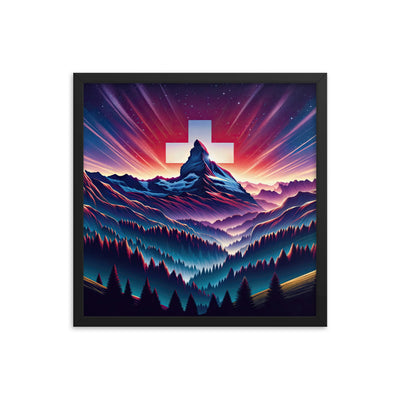 Alpenszene in Dämmerung mit Schweizer Flagge - Premium Poster mit Rahmen berge xxx yyy zzz 45.7 x 45.7 cm