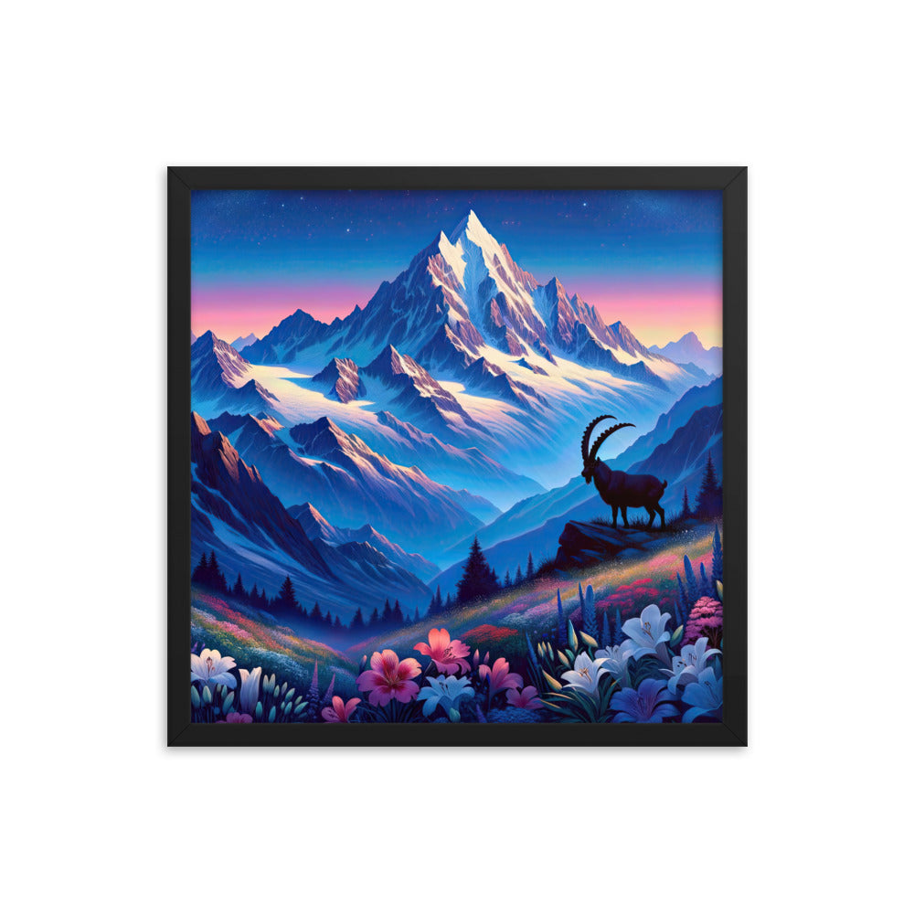 Steinbock bei Dämmerung in den Alpen, sonnengeküsste Schneegipfel - Premium Poster mit Rahmen berge xxx yyy zzz 45.7 x 45.7 cm