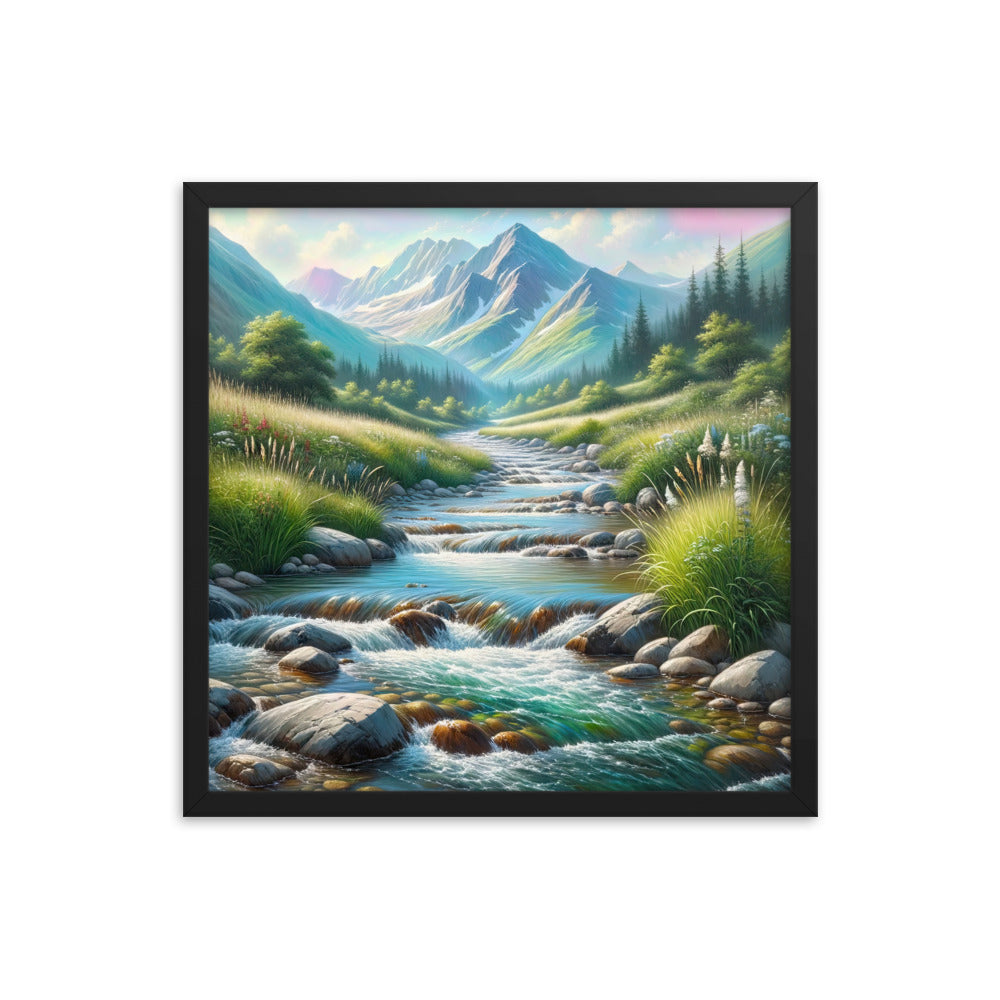 Sanfter Gebirgsbach in Ölgemälde, klares Wasser über glatten Felsen - Premium Poster mit Rahmen berge xxx yyy zzz 45.7 x 45.7 cm