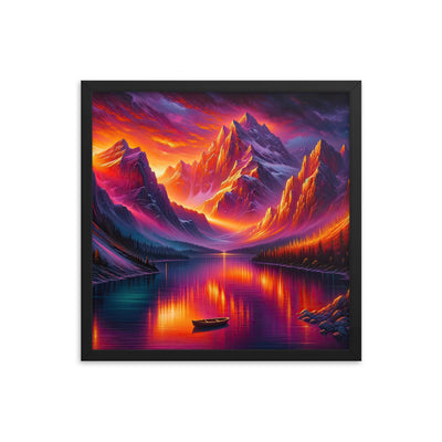 Ölgemälde eines Bootes auf einem Bergsee bei Sonnenuntergang, lebendige Orange-Lila Töne - Premium Poster mit Rahmen berge xxx yyy zzz 45.7 x 45.7 cm