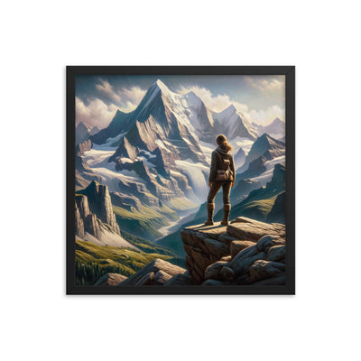 Ölgemälde der Alpengipfel mit Schweizer Abenteurerin auf Felsvorsprung - Premium Poster mit Rahmen wandern xxx yyy zzz 45.7 x 45.7 cm