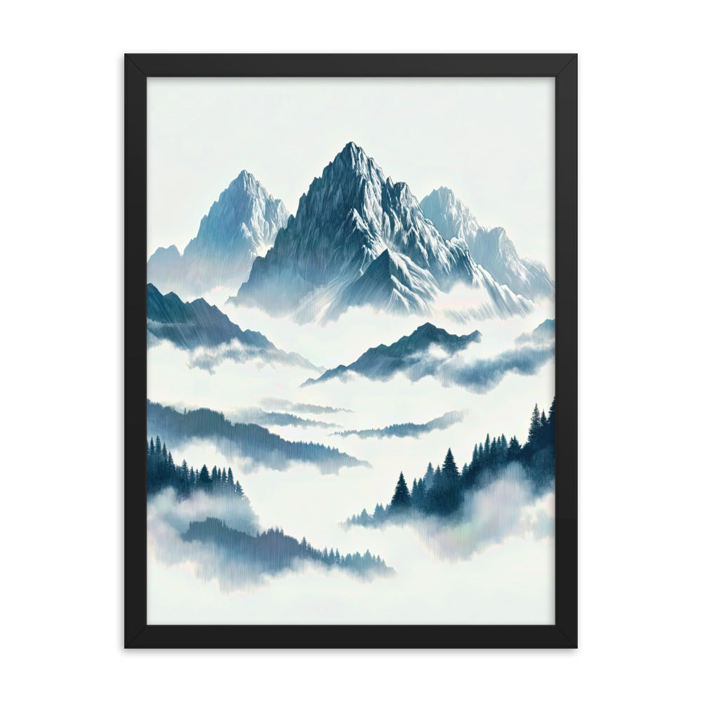 Nebeliger Alpenmorgen-Essenz, verdeckte Täler und Wälder - Premium Poster mit Rahmen berge xxx yyy zzz 45.7 x 61 cm