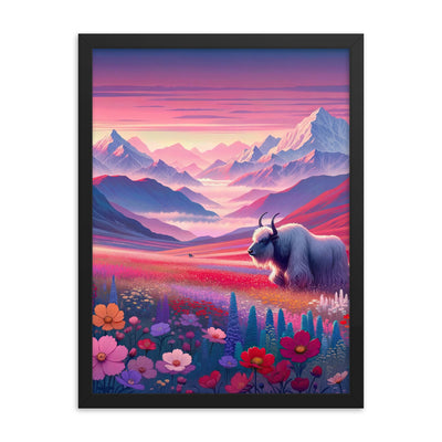 Verträumte Berg-Abenddämmerung mit Hochlandrind und blumigem Glanz - Premium Poster mit Rahmen berge xxx yyy zzz 45.7 x 61 cm