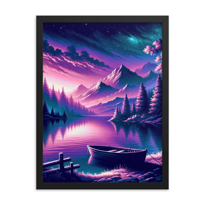 Magische Alpen-Dämmerung, rosa-lila Himmel und Bergsee mit Boot - Premium Poster mit Rahmen berge xxx yyy zzz 45.7 x 61 cm