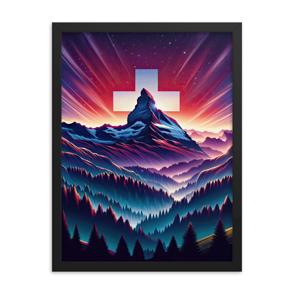 Alpenszene in Dämmerung mit Schweizer Flagge - Premium Poster mit Rahmen berge xxx yyy zzz 45.7 x 61 cm