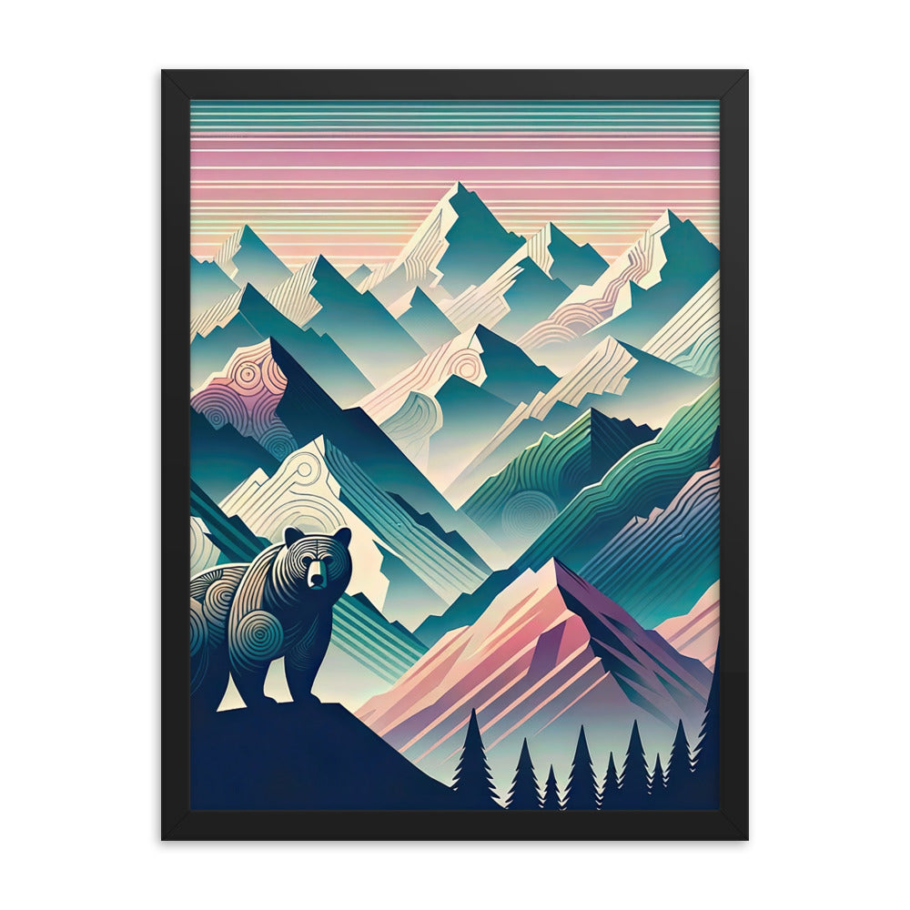 Bär im Panoramablick der Alpen, moderne Kunst-Gebirgsschichten - Premium Poster mit Rahmen camping xxx yyy zzz 45.7 x 61 cm