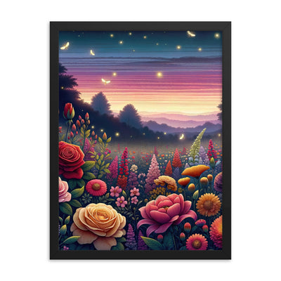 Skurriles Blumenfeld in Dämmerung, farbenfrohe Rosen, Lilien, Ringelblumen - Premium Poster mit Rahmen camping xxx yyy zzz 45.7 x 61 cm