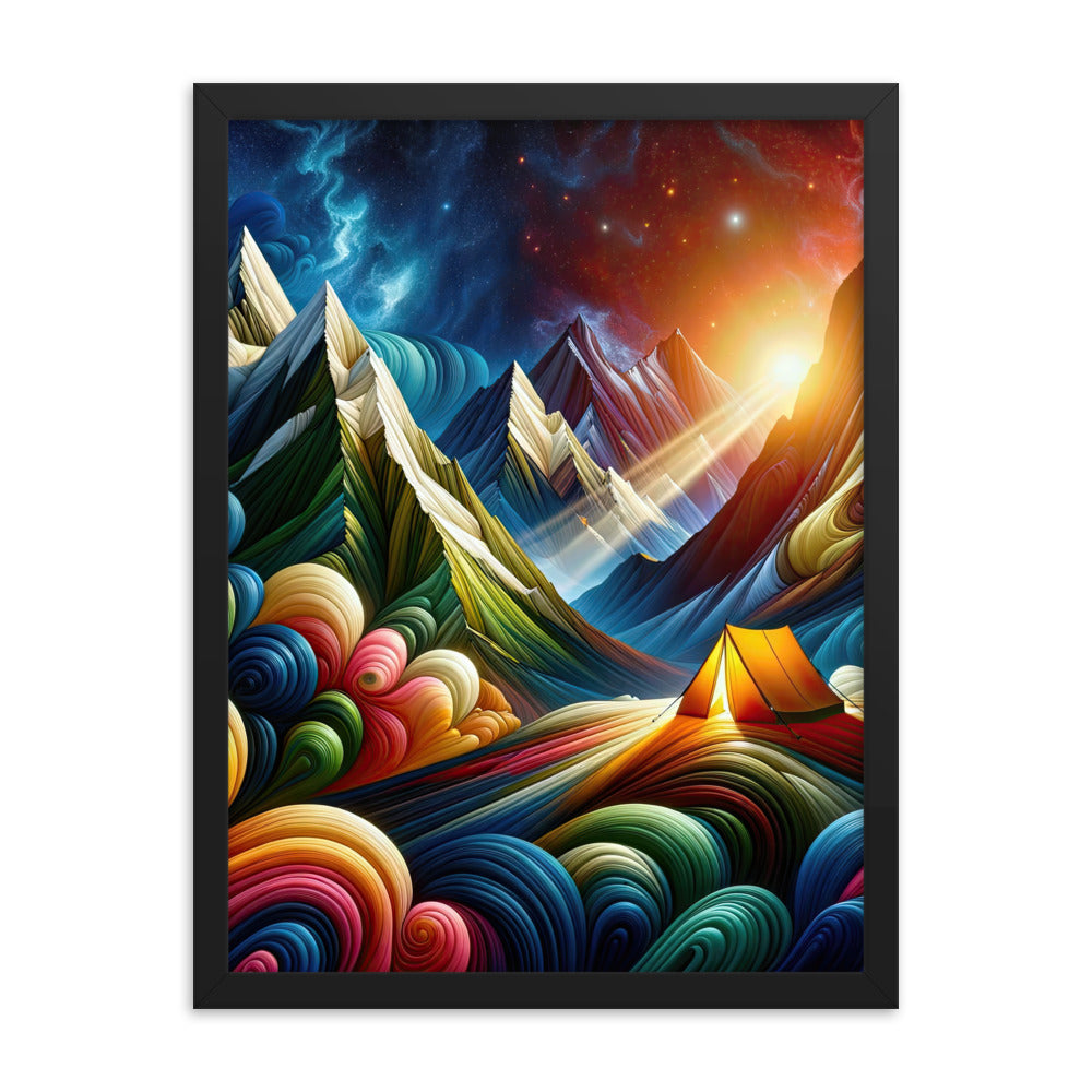 Abstrakte Bergwelt in lebendigen Farben mit Zelt - Premium Poster mit Rahmen camping xxx yyy zzz 45.7 x 61 cm