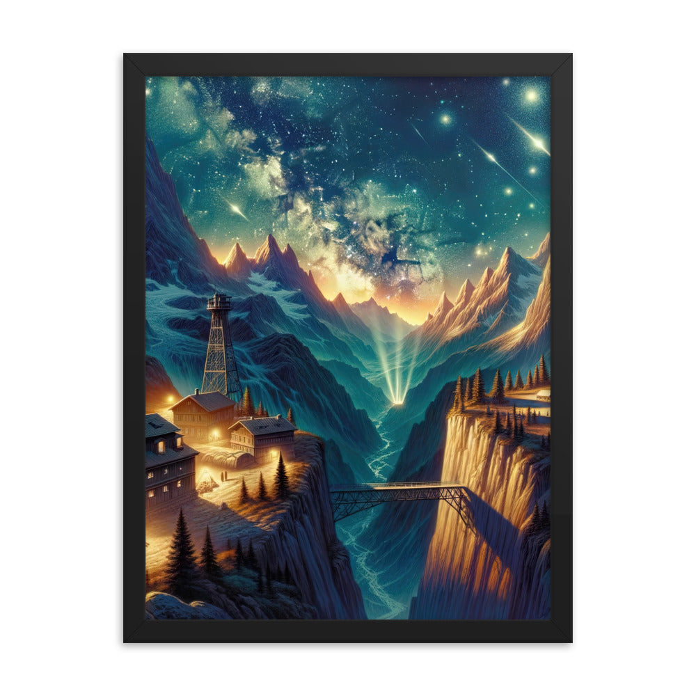 Alpine Wildnis mit Bergdorf unter sternenklarem Nachthimmel - Premium Poster mit Rahmen berge xxx yyy zzz 45.7 x 61 cm