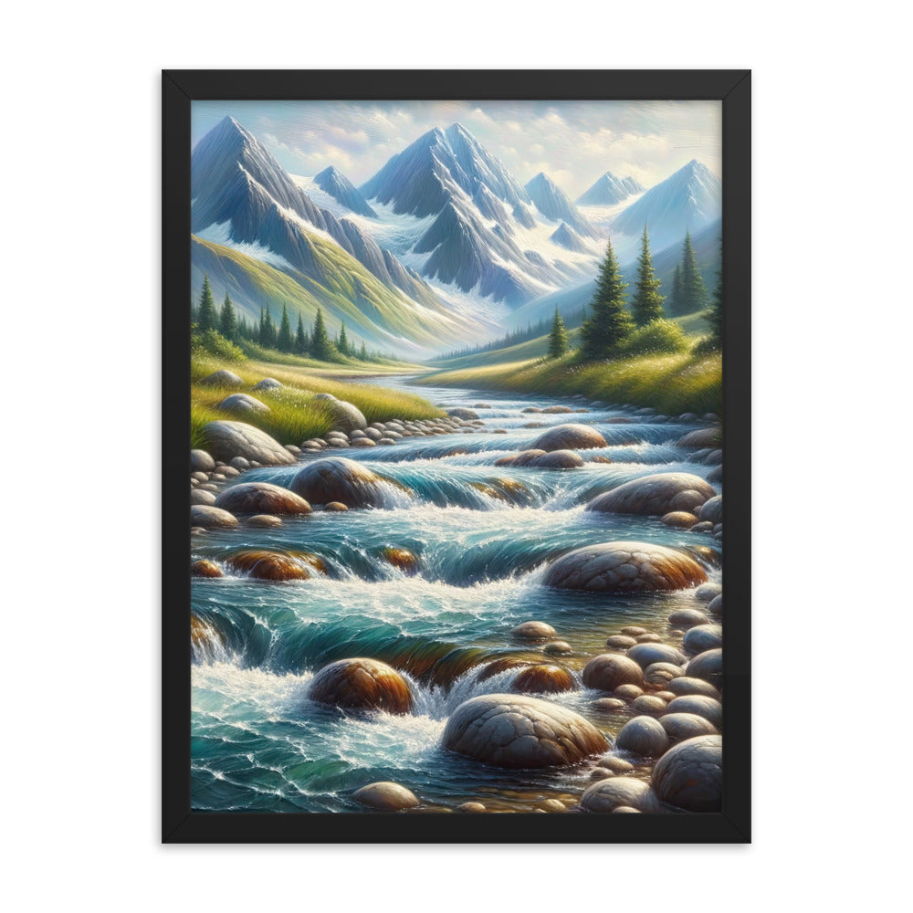 Ölgemälde eines Gebirgsbachs durch felsige Landschaft - Premium Poster mit Rahmen berge xxx yyy zzz 45.7 x 61 cm