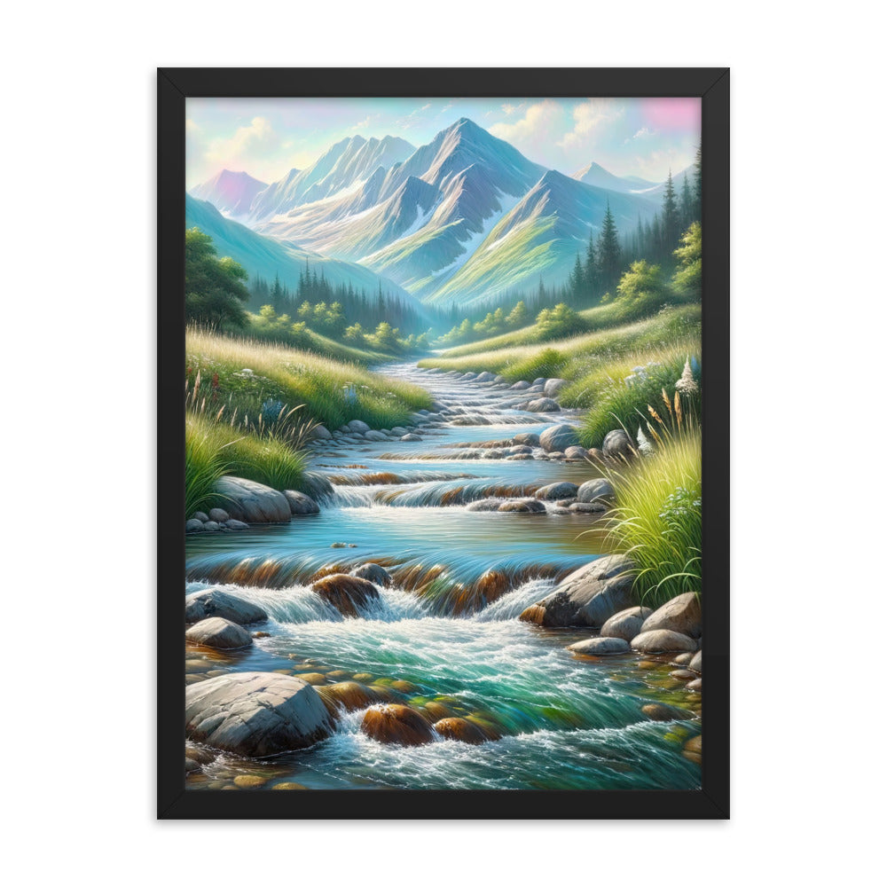 Sanfter Gebirgsbach in Ölgemälde, klares Wasser über glatten Felsen - Premium Poster mit Rahmen berge xxx yyy zzz 45.7 x 61 cm