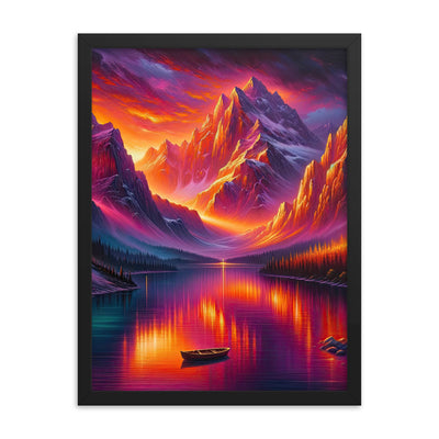 Ölgemälde eines Bootes auf einem Bergsee bei Sonnenuntergang, lebendige Orange-Lila Töne - Premium Poster mit Rahmen berge xxx yyy zzz 45.7 x 61 cm