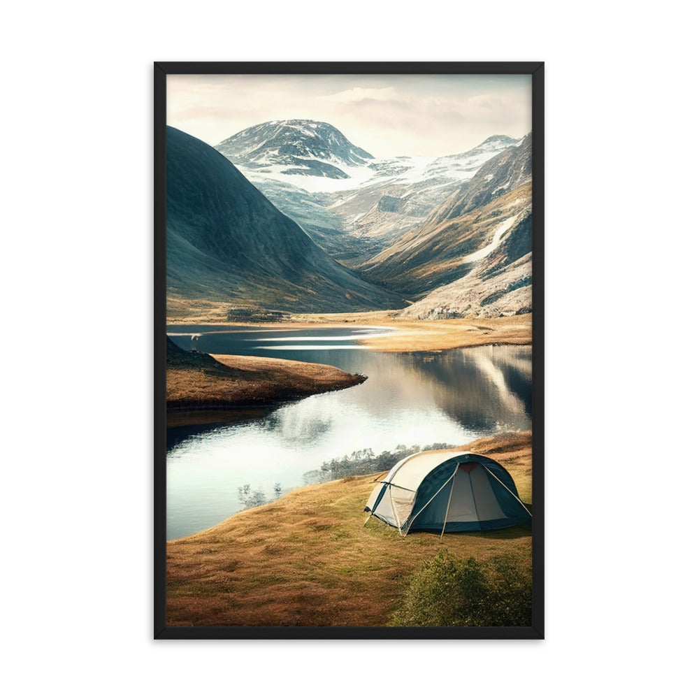 Zelt, Berge und Bergsee - Premium Poster mit Rahmen camping xxx Black 61 x 91.4 cm