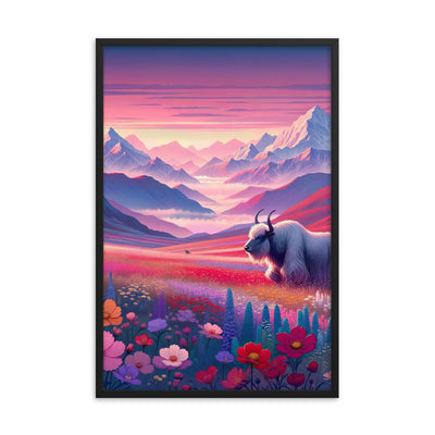 Verträumte Berg-Abenddämmerung mit Hochlandrind und blumigem Glanz - Premium Poster mit Rahmen berge xxx yyy zzz 61 x 91.4 cm