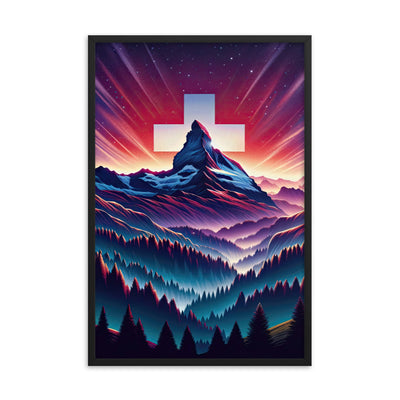 Alpenszene in Dämmerung mit Schweizer Flagge - Premium Poster mit Rahmen berge xxx yyy zzz 61 x 91.4 cm