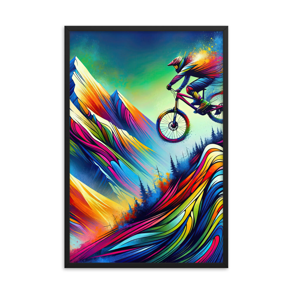 Mountainbiker in farbenfroher Alpenkulisse mit abstraktem Touch (M) - Premium Poster mit Rahmen xxx yyy zzz 61 x 91.4 cm