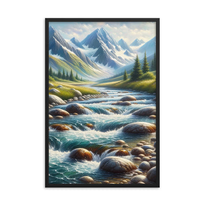 Ölgemälde eines Gebirgsbachs durch felsige Landschaft - Premium Poster mit Rahmen berge xxx yyy zzz 61 x 91.4 cm