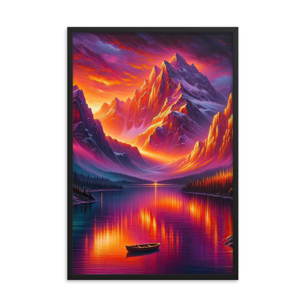 Ölgemälde eines Bootes auf einem Bergsee bei Sonnenuntergang, lebendige Orange-Lila Töne - Premium Poster mit Rahmen berge xxx yyy zzz 61 x 91.4 cm