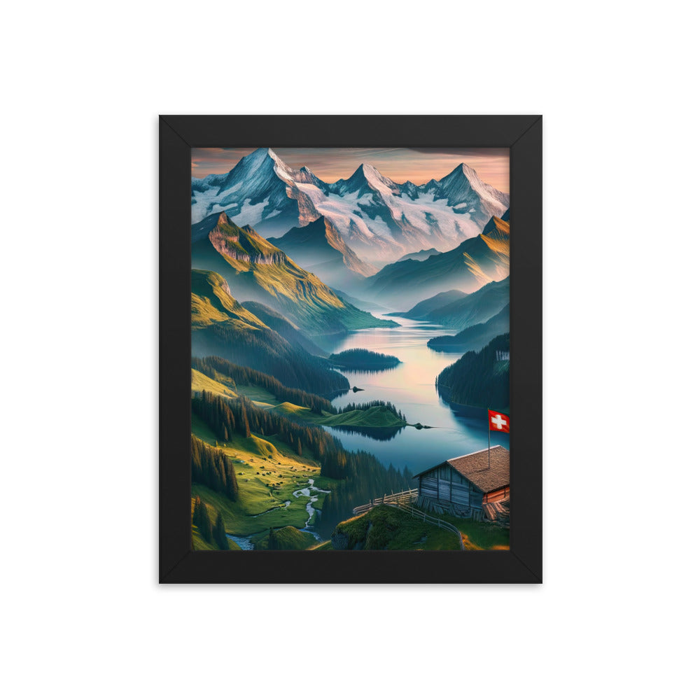 Schweizer Flagge, Alpenidylle: Dämmerlicht, epische Berge und stille Gewässer - Premium Poster mit Rahmen berge xxx yyy zzz 20.3 x 25.4 cm