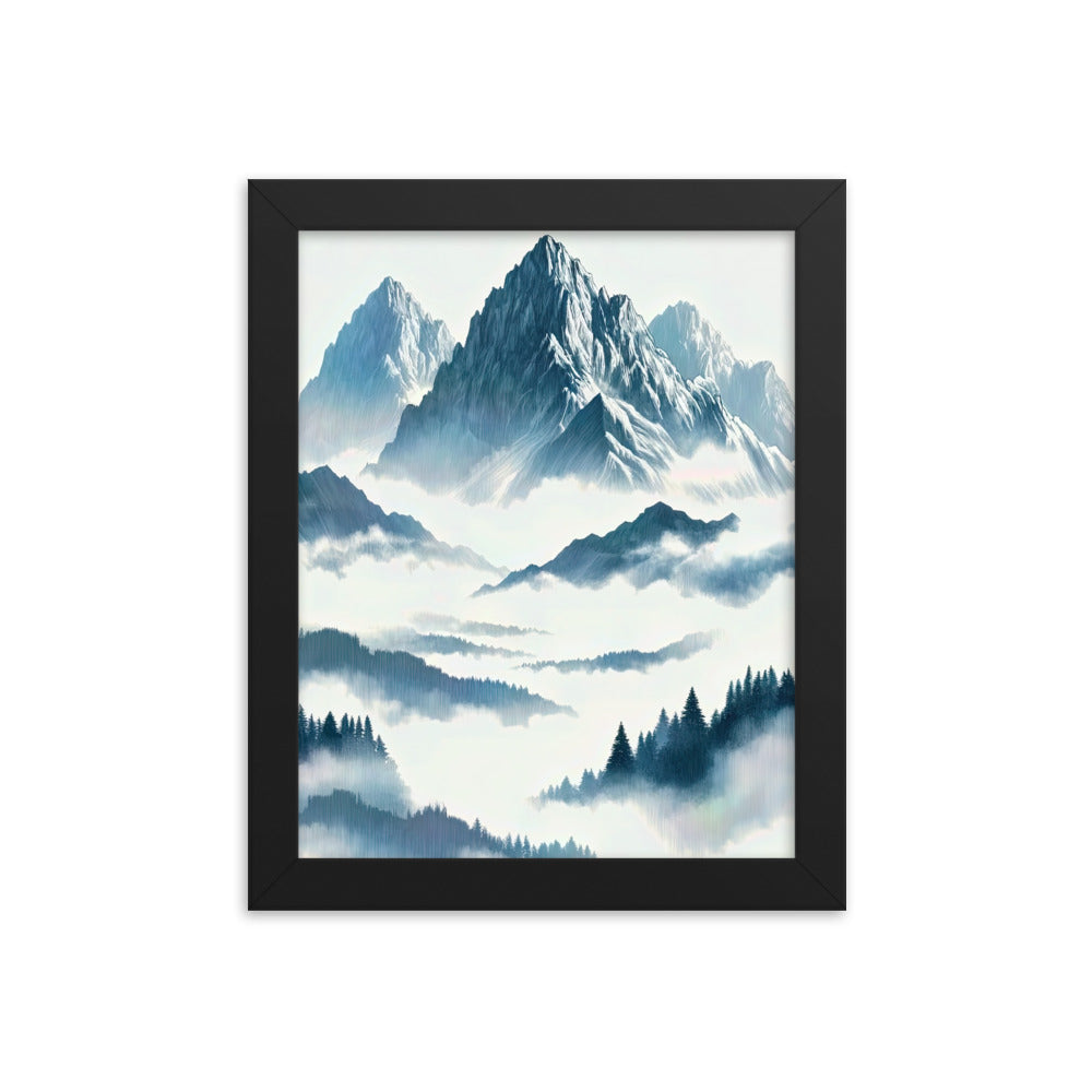 Nebeliger Alpenmorgen-Essenz, verdeckte Täler und Wälder - Premium Poster mit Rahmen berge xxx yyy zzz 20.3 x 25.4 cm