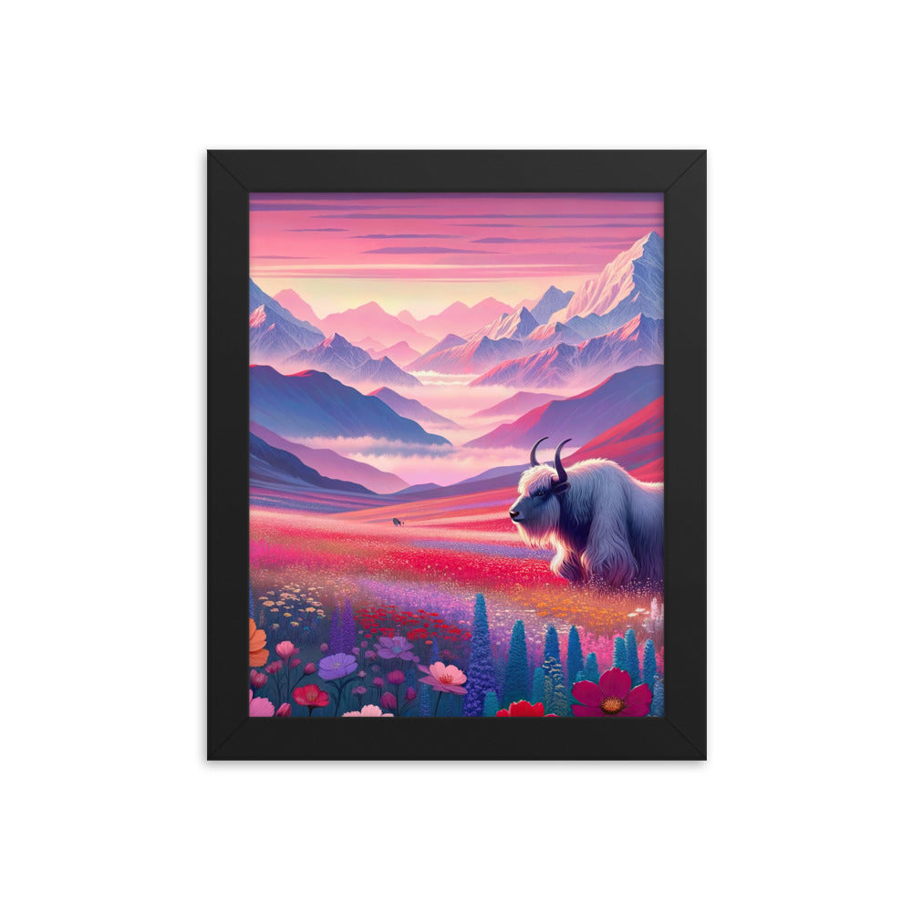 Verträumte Berg-Abenddämmerung mit Hochlandrind und blumigem Glanz - Premium Poster mit Rahmen berge xxx yyy zzz 20.3 x 25.4 cm