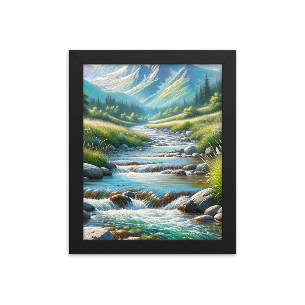 Sanfter Gebirgsbach in Ölgemälde, klares Wasser über glatten Felsen - Premium Poster mit Rahmen berge xxx yyy zzz 20.3 x 25.4 cm