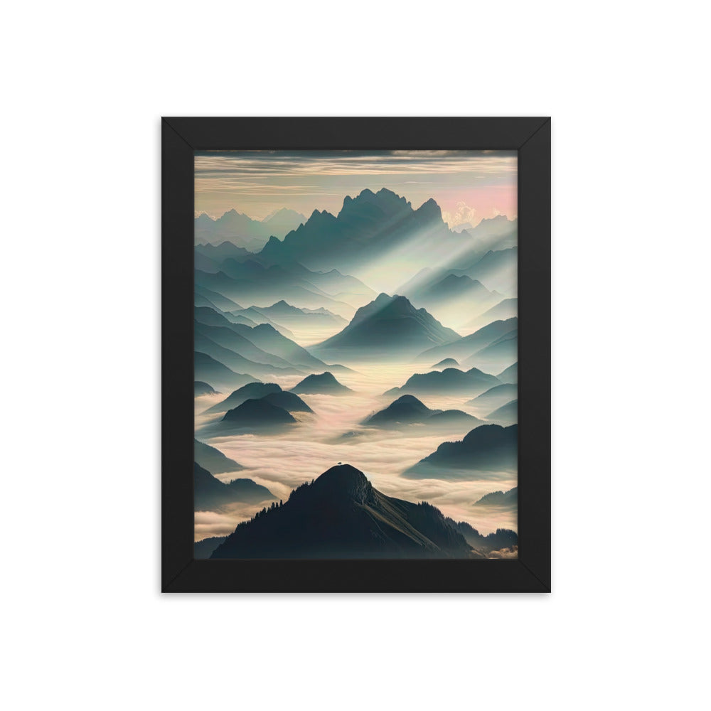 Foto der Alpen im Morgennebel, majestätische Gipfel ragen aus dem Nebel - Premium Poster mit Rahmen berge xxx yyy zzz 20.3 x 25.4 cm