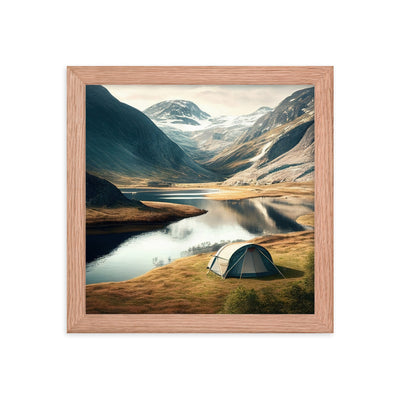 Zelt, Berge und Bergsee - Premium Poster mit Rahmen camping xxx Red Oak 25.4 x 25.4 cm