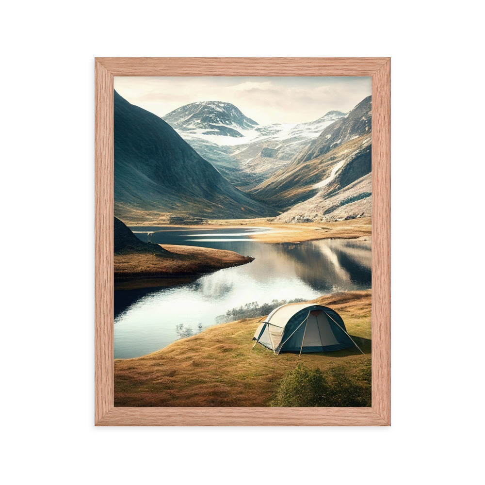 Zelt, Berge und Bergsee - Premium Poster mit Rahmen camping xxx Red Oak 27.9 x 35.6 cm