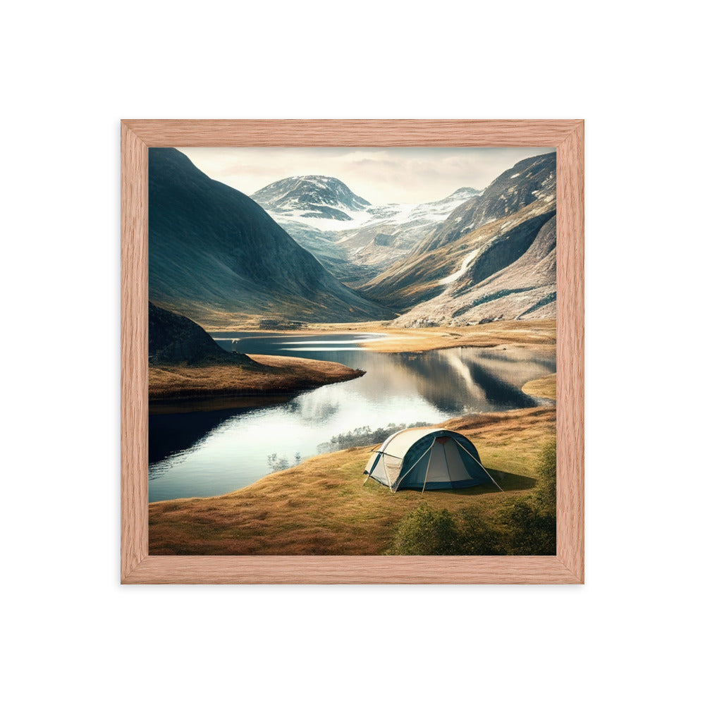 Zelt, Berge und Bergsee - Premium Poster mit Rahmen camping xxx Red Oak 30.5 x 30.5 cm