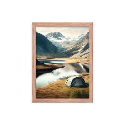 Zelt, Berge und Bergsee - Premium Poster mit Rahmen camping xxx Red Oak 30.5 x 40.6 cm