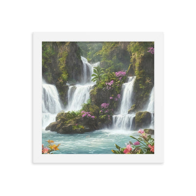 Wasserfall im Wald und Blumen - Schöne Malerei - Premium Poster mit Rahmen camping xxx 25.4 x 25.4 cm