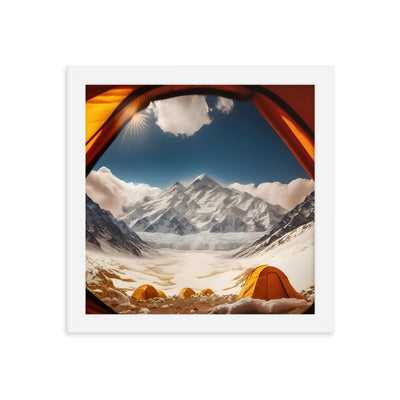 Foto aus dem Zelt - Berge und Zelte im Hintergrund - Tagesaufnahme - Premium Poster mit Rahmen camping xxx 25.4 x 25.4 cm