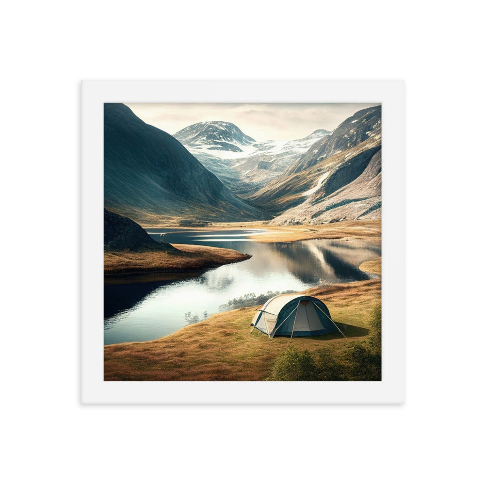 Zelt, Berge und Bergsee - Premium Poster mit Rahmen camping xxx Weiß 25.4 x 25.4 cm