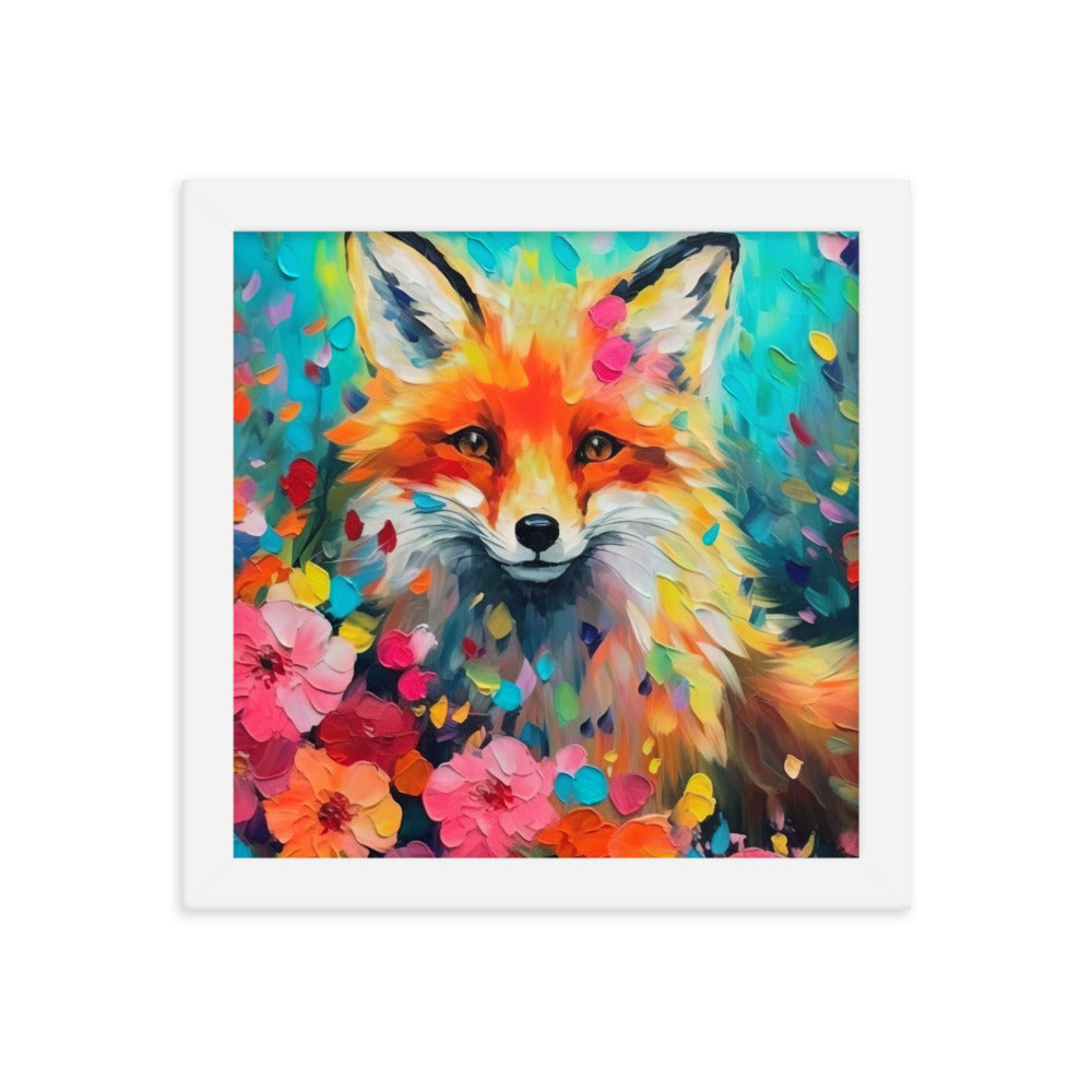 Schöner Fuchs im Blumenfeld - Farbige Malerei - Premium Poster mit Rahmen camping xxx 25.4 x 25.4 cm