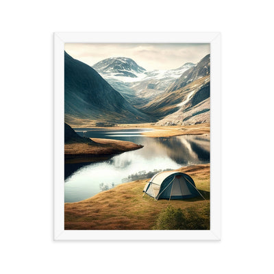 Zelt, Berge und Bergsee - Premium Poster mit Rahmen camping xxx Weiß 27.9 x 35.6 cm