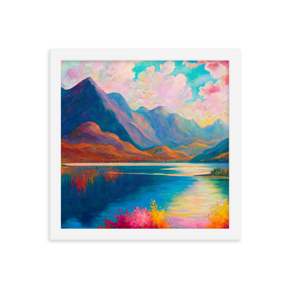 Berglandschaft und Bergsee - Farbige Ölmalerei - Premium Poster mit Rahmen berge xxx 30.5 x 30.5 cm