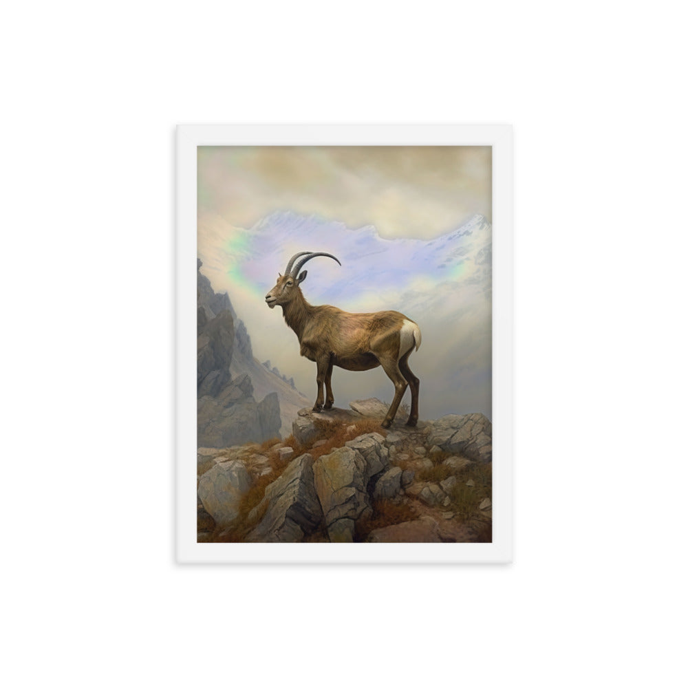 Steinbock am Berg - Wunderschöne Malerei - Premium Poster mit Rahmen berge xxx 30.5 x 40.6 cm