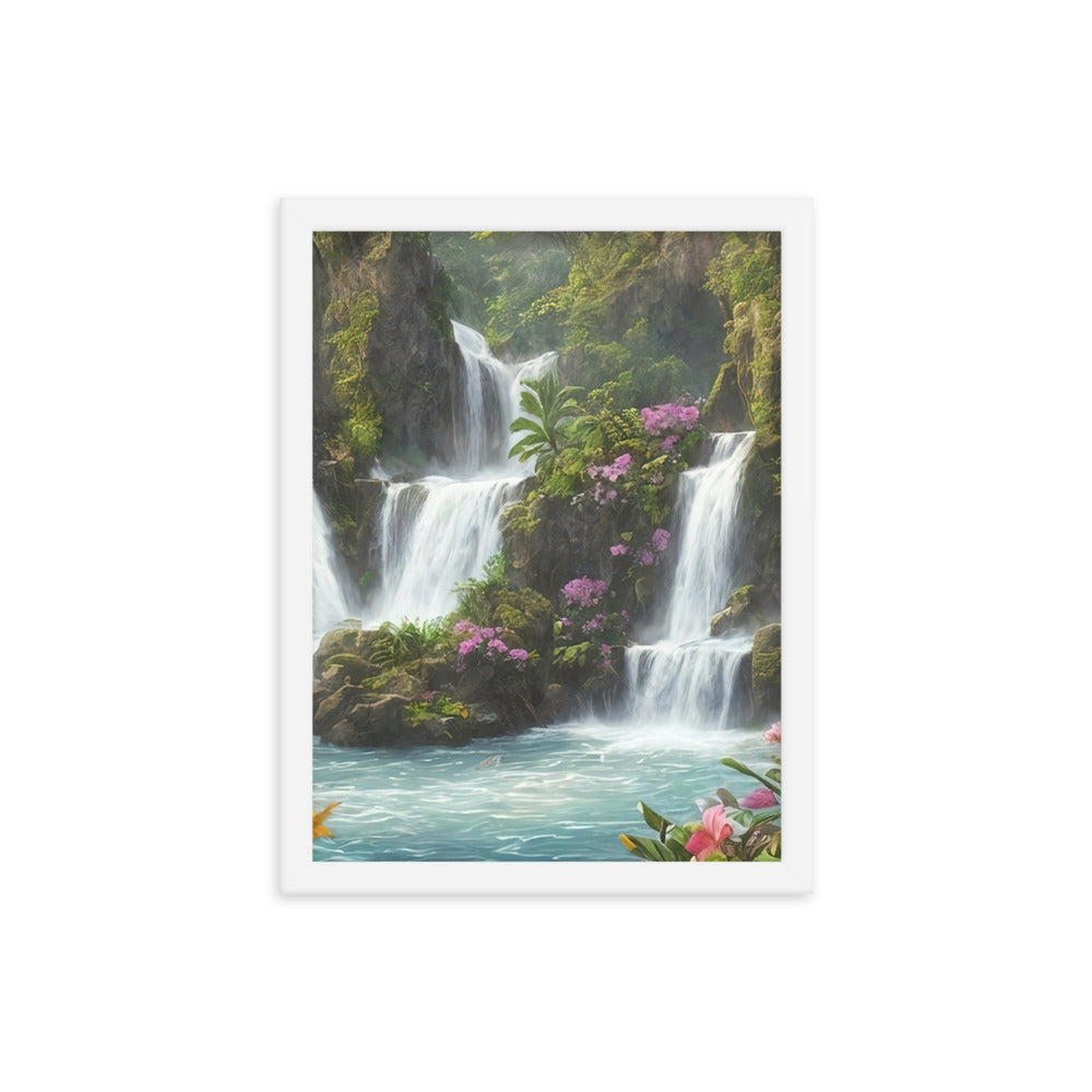 Wasserfall im Wald und Blumen - Schöne Malerei - Premium Poster mit Rahmen camping xxx 30.5 x 40.6 cm