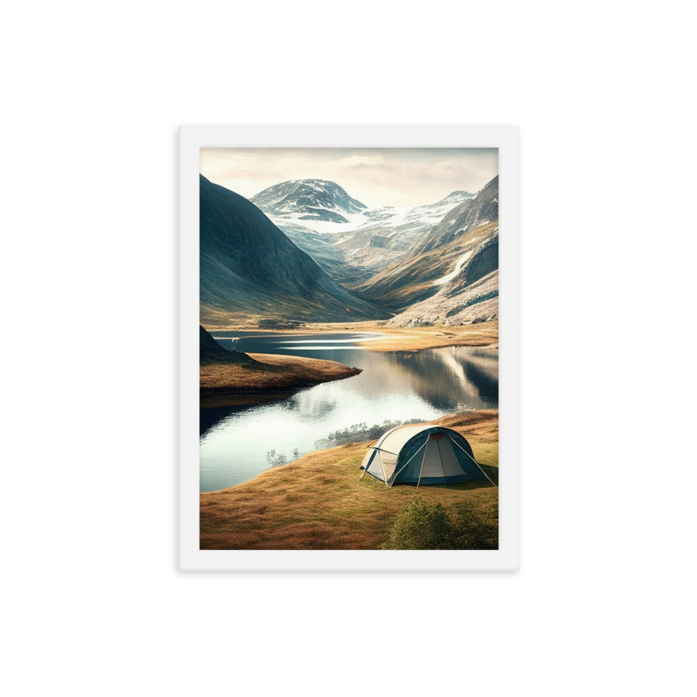 Zelt, Berge und Bergsee - Premium Poster mit Rahmen camping xxx Weiß 30.5 x 40.6 cm