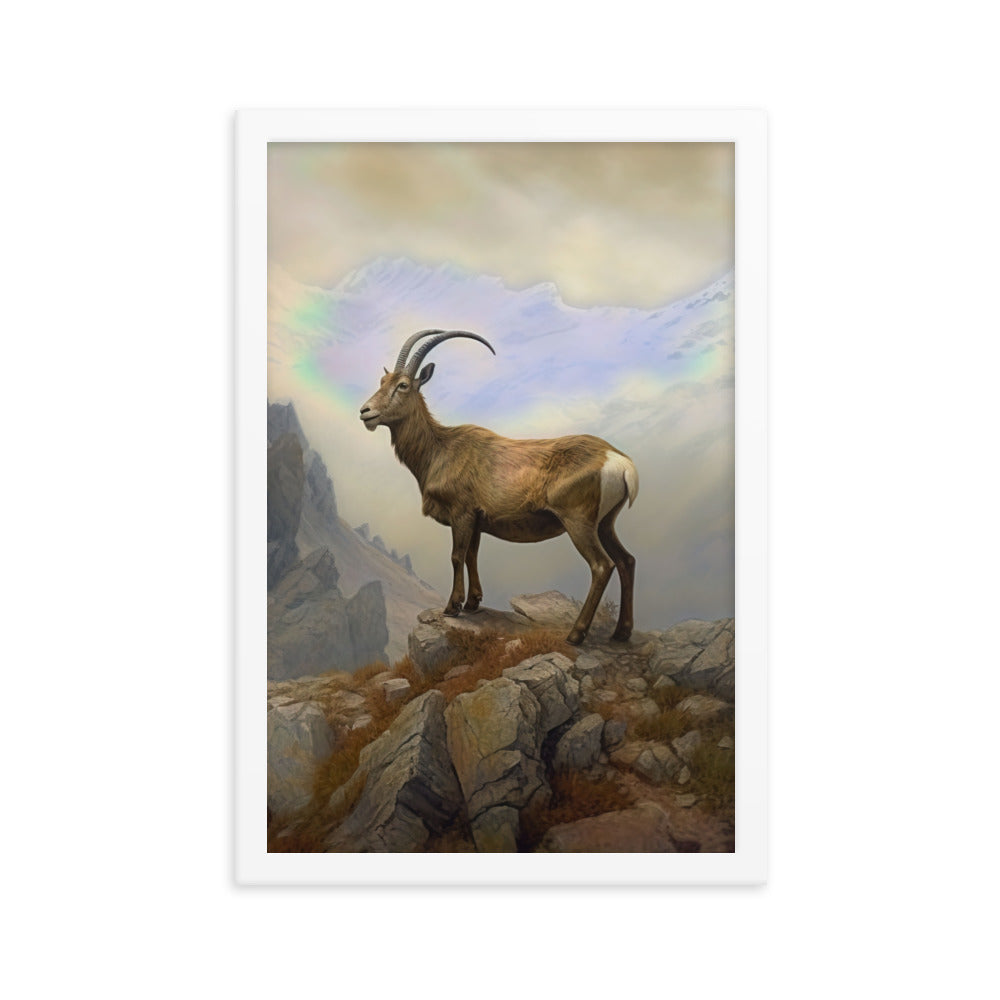 Steinbock am Berg - Wunderschöne Malerei - Premium Poster mit Rahmen berge xxx 30.5 x 45.7 cm