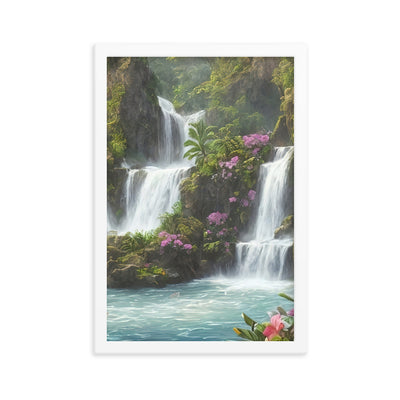 Wasserfall im Wald und Blumen - Schöne Malerei - Premium Poster mit Rahmen camping xxx 30.5 x 45.7 cm