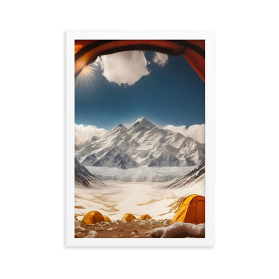 Foto aus dem Zelt - Berge und Zelte im Hintergrund - Tagesaufnahme - Premium Poster mit Rahmen camping xxx 30.5 x 45.7 cm