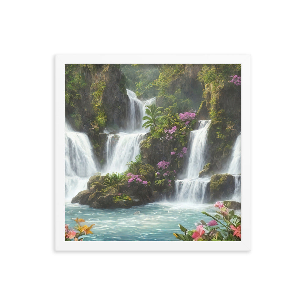 Wasserfall im Wald und Blumen - Schöne Malerei - Premium Poster mit Rahmen camping xxx 35.6 x 35.6 cm