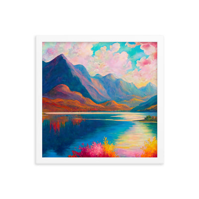 Berglandschaft und Bergsee - Farbige Ölmalerei - Premium Poster mit Rahmen berge xxx 35.6 x 35.6 cm