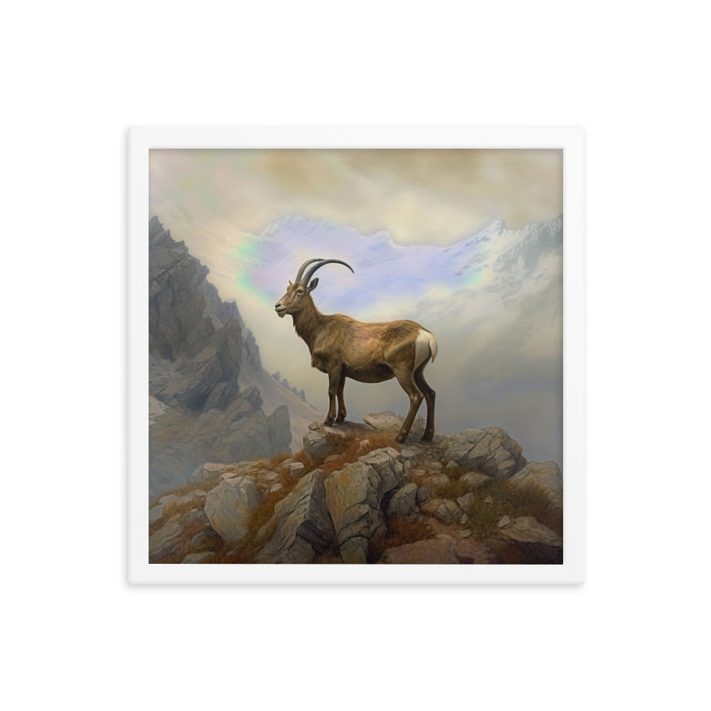 Steinbock am Berg - Wunderschöne Malerei - Premium Poster mit Rahmen berge xxx 40.6 x 40.6 cm