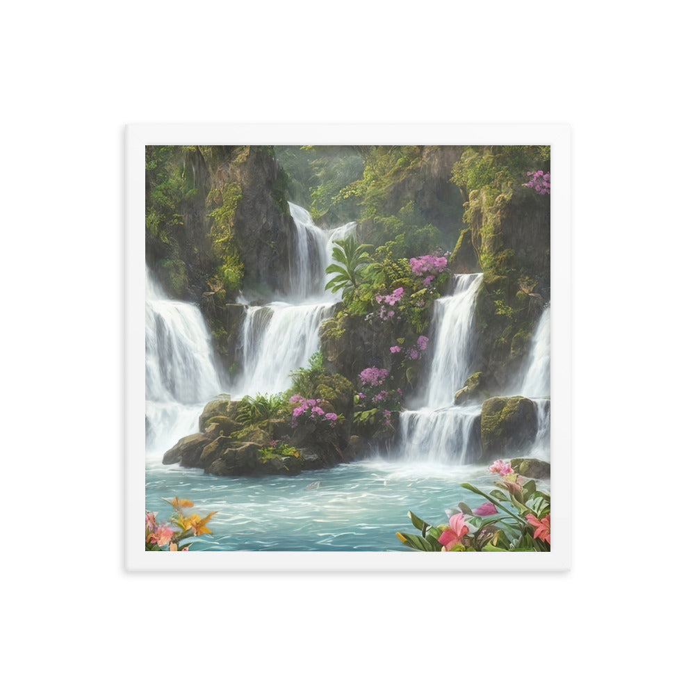 Wasserfall im Wald und Blumen - Schöne Malerei - Premium Poster mit Rahmen camping xxx 40.6 x 40.6 cm